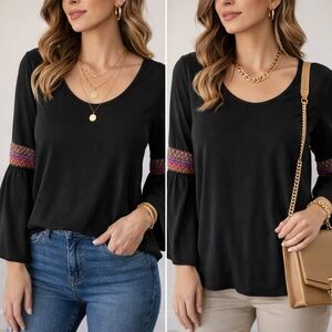 Maya Black Top with Colorful Bell Sleeve Accents